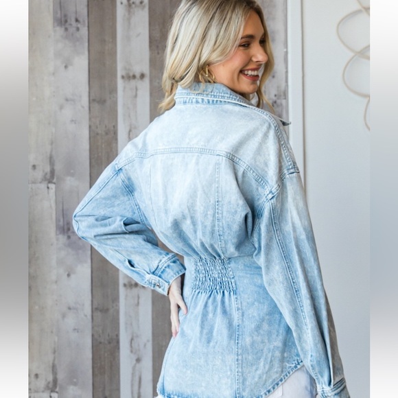 36 Fantastic Button Down Long Sleeve Elastic-Back Bodycon Washed Denim Shirt - Picture 6 of 8